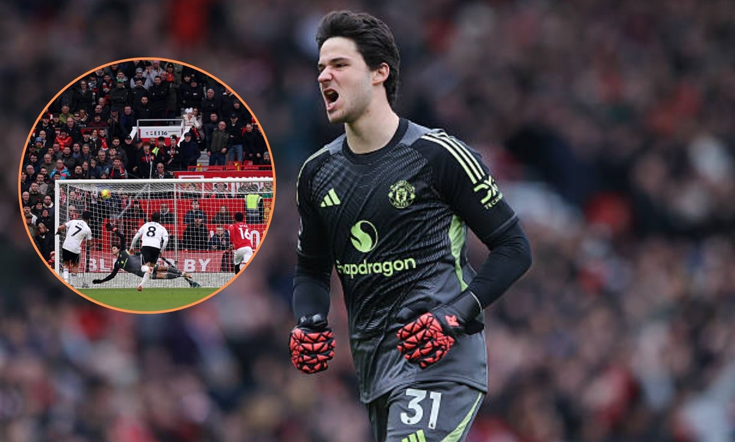 Senne Lammens celebrating against Fulham with overlay of Lammens trying to save penalty