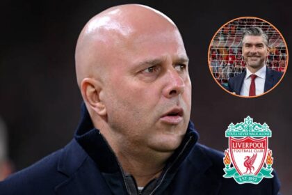 Arne Slot with overlay of Richard Hughes and Liverpool flag