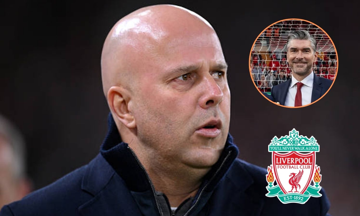 Arne Slot with overlay of Richard Hughes and Liverpool flag