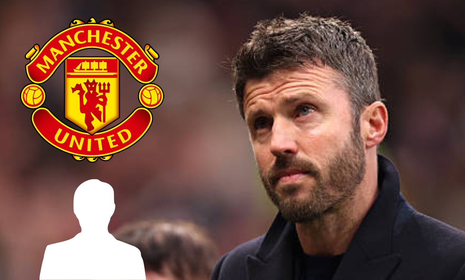 Manchester United manager Michael Carrick looks on with overlay of Man United badge and mystery player