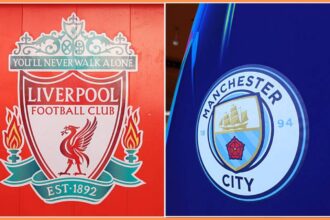 Split image of Liverpool badge and Man City badge