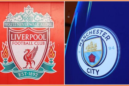 Split image of Liverpool badge and Man City badge