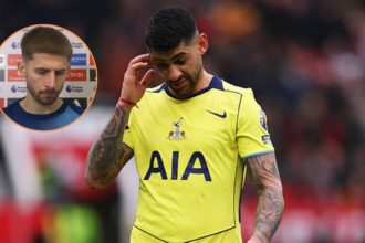 Image of Cristian Romero after red card vs Tottenham with overlay of Vicario