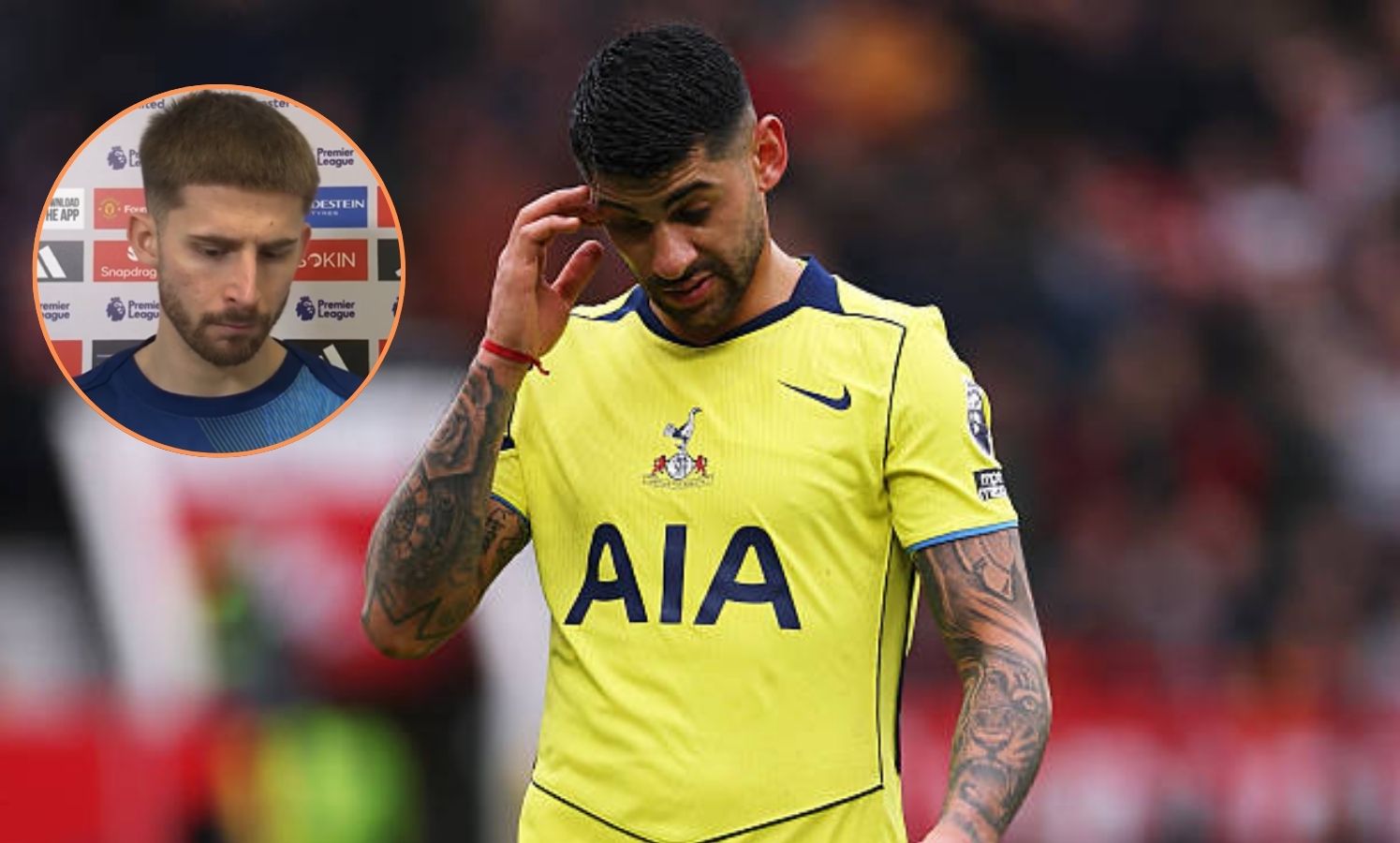 Image of Cristian Romero after red card vs Tottenham with overlay of Vicario