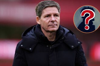 Oliver Glasner looks on as Crystal Palace manager with overlay of mystery player