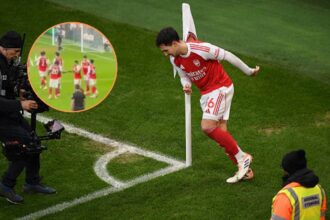 Martin Zubimendi celebrating after scoring opener for Arsenal