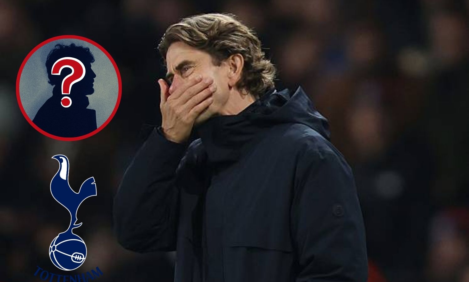 Thomas Frank looking dejected with overlay of Tottenham badge and mystery person