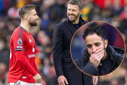 Luke Shaw and Michael Carrick with overlay of Ruben Amorim looking dejected