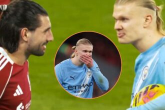 Screenshot from match footage of Dominic Szoboszlai trying to get in Erling Haaland