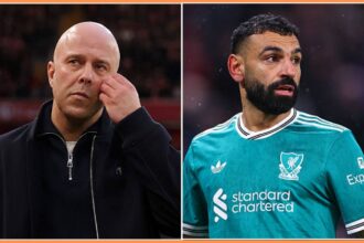 Split image of Arne Slot and Mohamed Salah