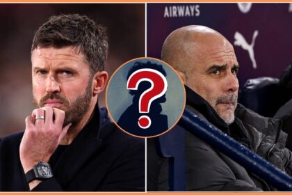 Split image of Michael Carrick and Pep Guardiola with overlay of mystery player