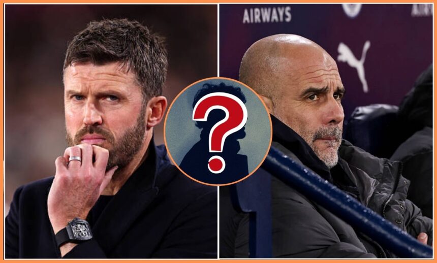 Split image of Michael Carrick and Pep Guardiola with overlay of mystery player