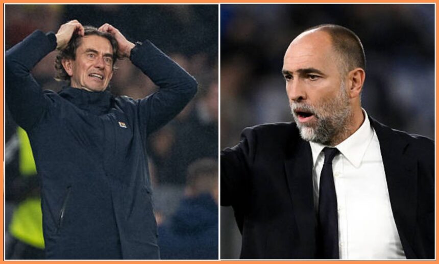 Split image of recently sacked Thomas Frank and new Tottenham manager Igor Tudor