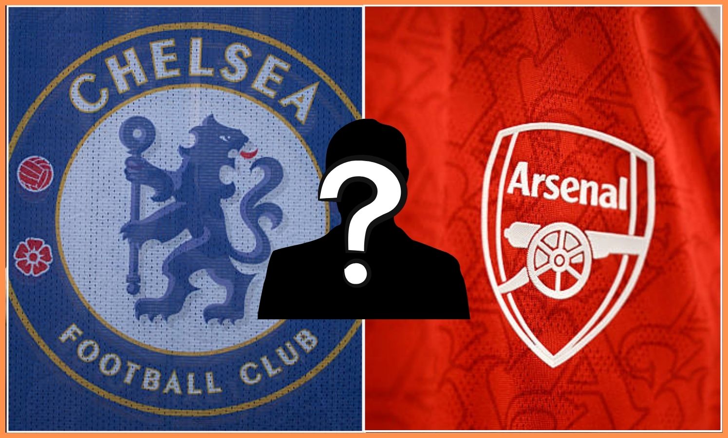 Split image of Chelsea and Arsenal badge with overlay of mystery player