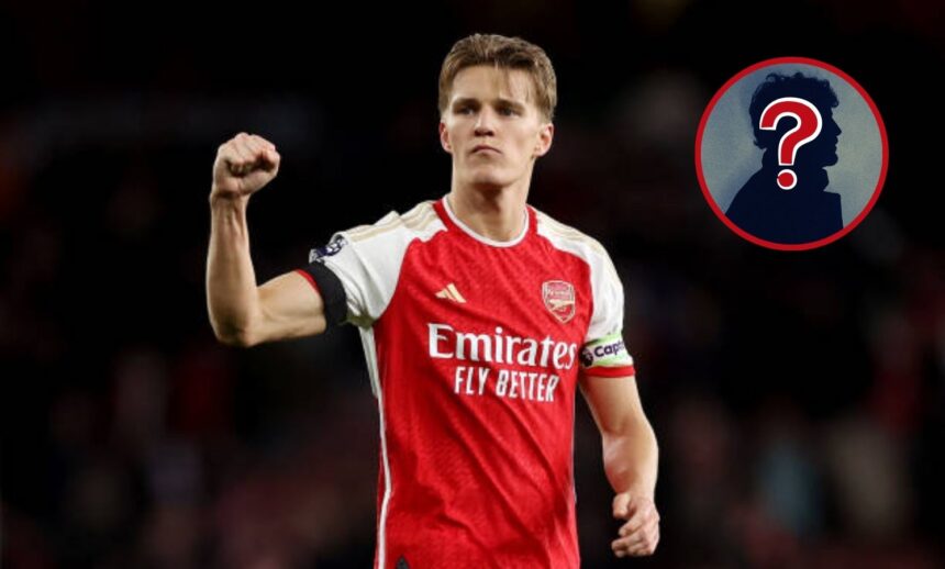 Martin Odegaard celebrating for Arsenal with overlay of mystery player