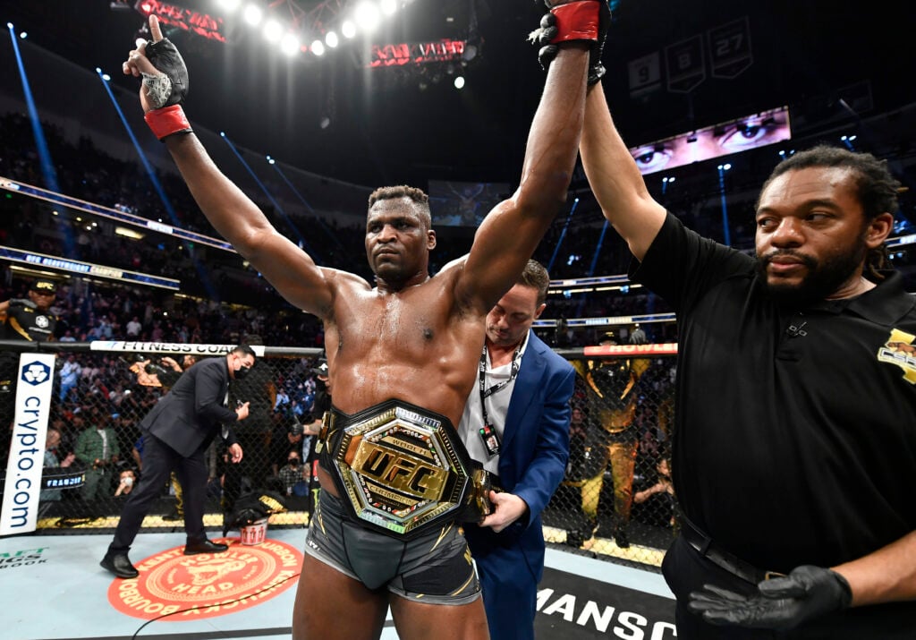 Francis Ngannou celebrates defeating Cyril Gane at UFC 270
