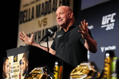 Dana White on stage at the UFC 322 press conference