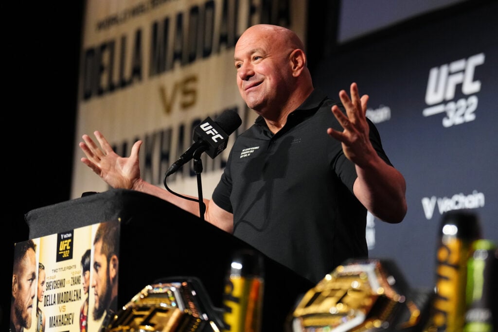 Dana White on stage at the UFC 322 press conference