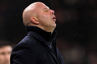 Arne Slot manager / head coach of Liverpool reacts during the Premier League match between Bournemouth and Liverpool at Vitality Stadium.