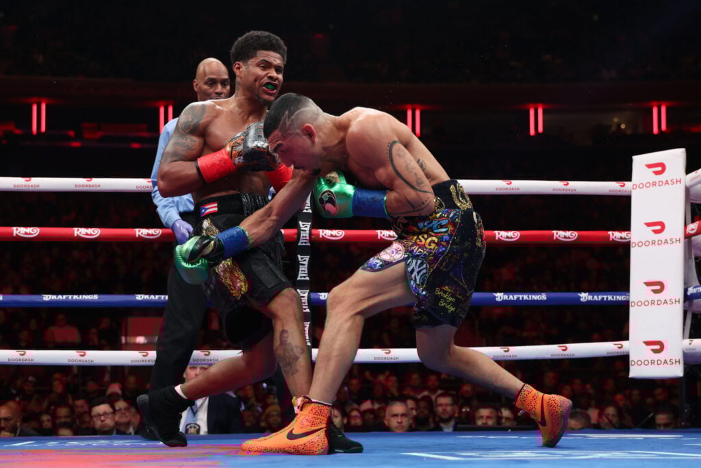 Shakur Stevenson punches Teofimo Lopez during a boxing match. Credit: Cris Esqueda Matchroom Boxing