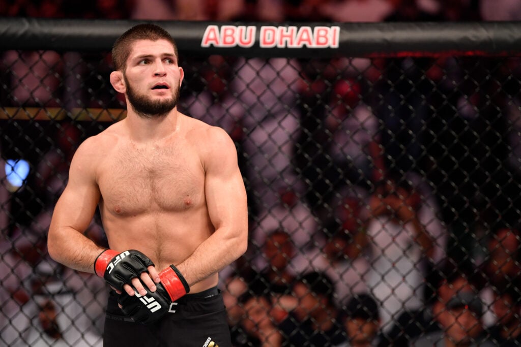 Khabib Nurmagomedov in the Octagon after his submission victory over Dustin Poirier in their lightweight title fight at UFC 242 in September 2019.