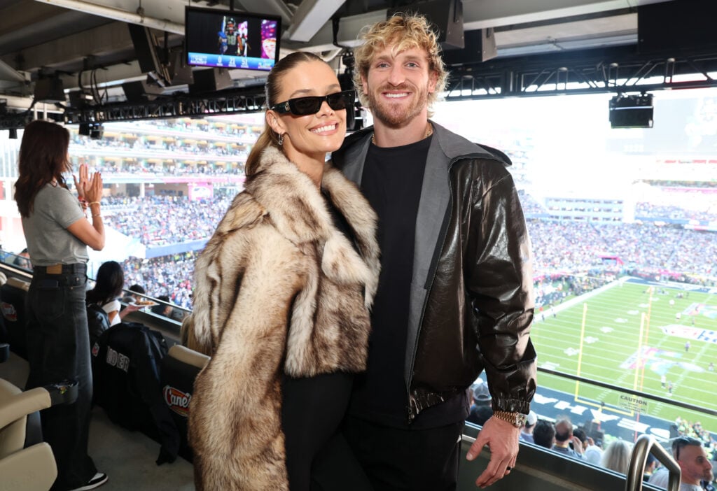 Logan Paul and Nina Agdal during Super Bowl 60