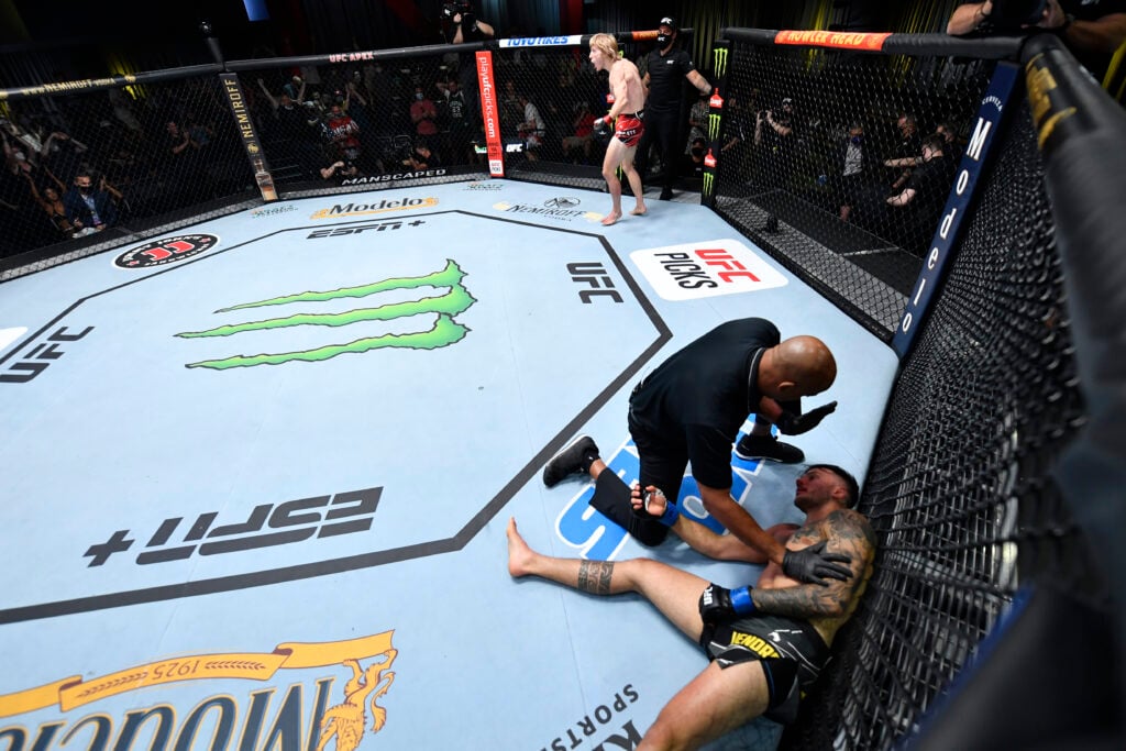 Paddy Pimblett celebrates after KOing Luigi Vendramini