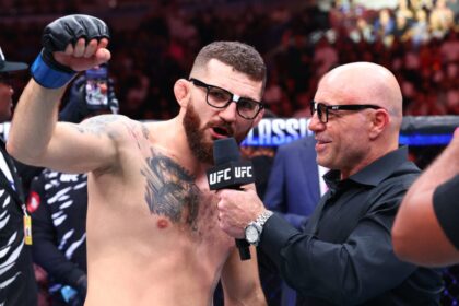 Michal Oleksejuk talks to Joe Rogan after defeating Gerald Meerschaert at UFC 319