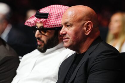 Dana White and Turki Alarcik watch from ringside on the Canelo Alvarez vs. Terrence Crawford undercard.