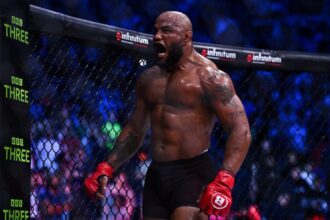 Yoel Romero celebrates after defeating Melvin Manhoef in a light heavyweight bout at Bellator 285 at Dublin's 3 Arena