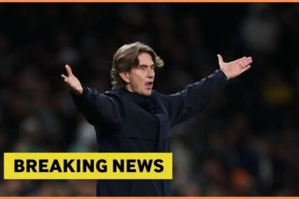 Tottenham manager Thomas Frank with overlay of breaking news