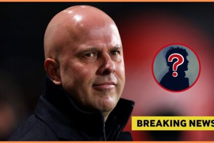 Liverpool manager Arne Slot with overlay of mystery player and breaking news