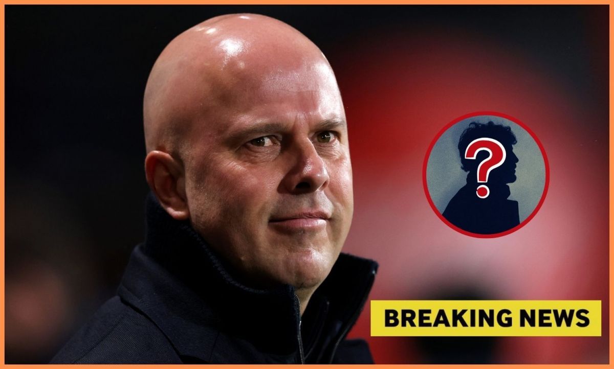 Liverpool manager Arne Slot with overlay of mystery player and breaking news
