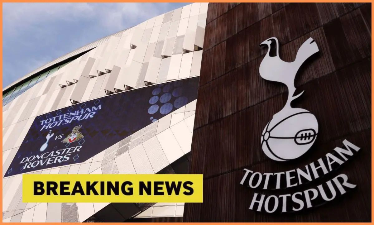 Tottenham badge and outside stadium view with breaking news overlay