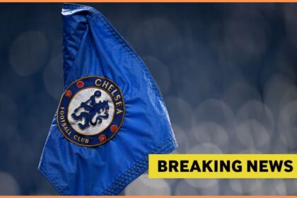 Chelsea logo on corner flag and breaking news banner