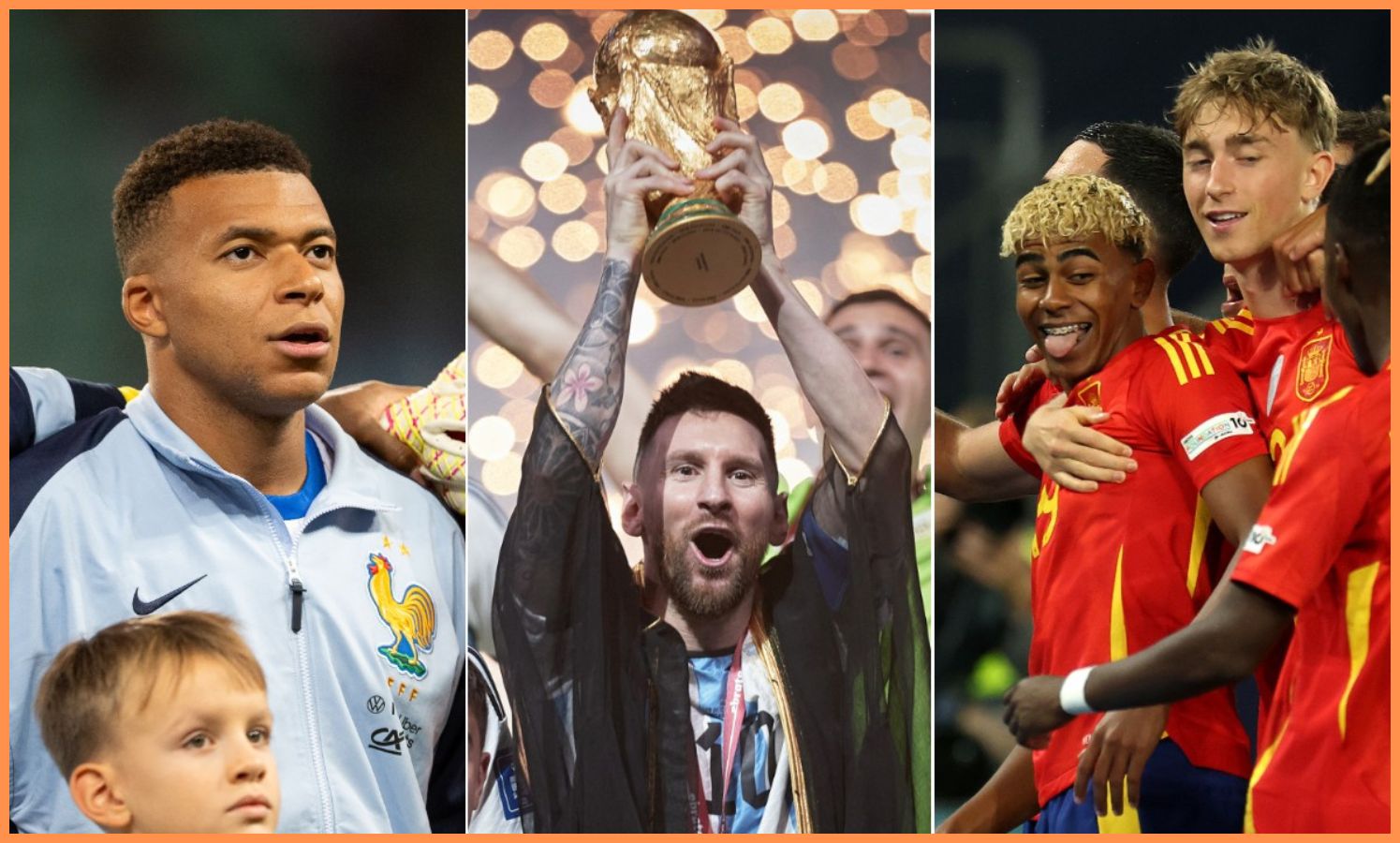 Kylian Mbappe, Lionel Messi, and Lamine Yamal