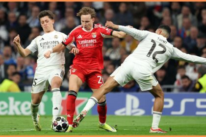 Andreas Schjelderup in action for Benfica against Real Madrid