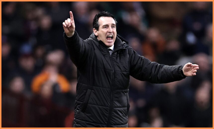 Aston Villa manager Unai Emery shouts instructions during the game against Leeds