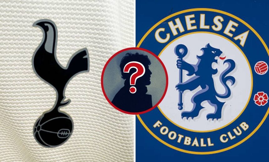 Split image of Tottenham and Chelsea badge with overlay of mystery player