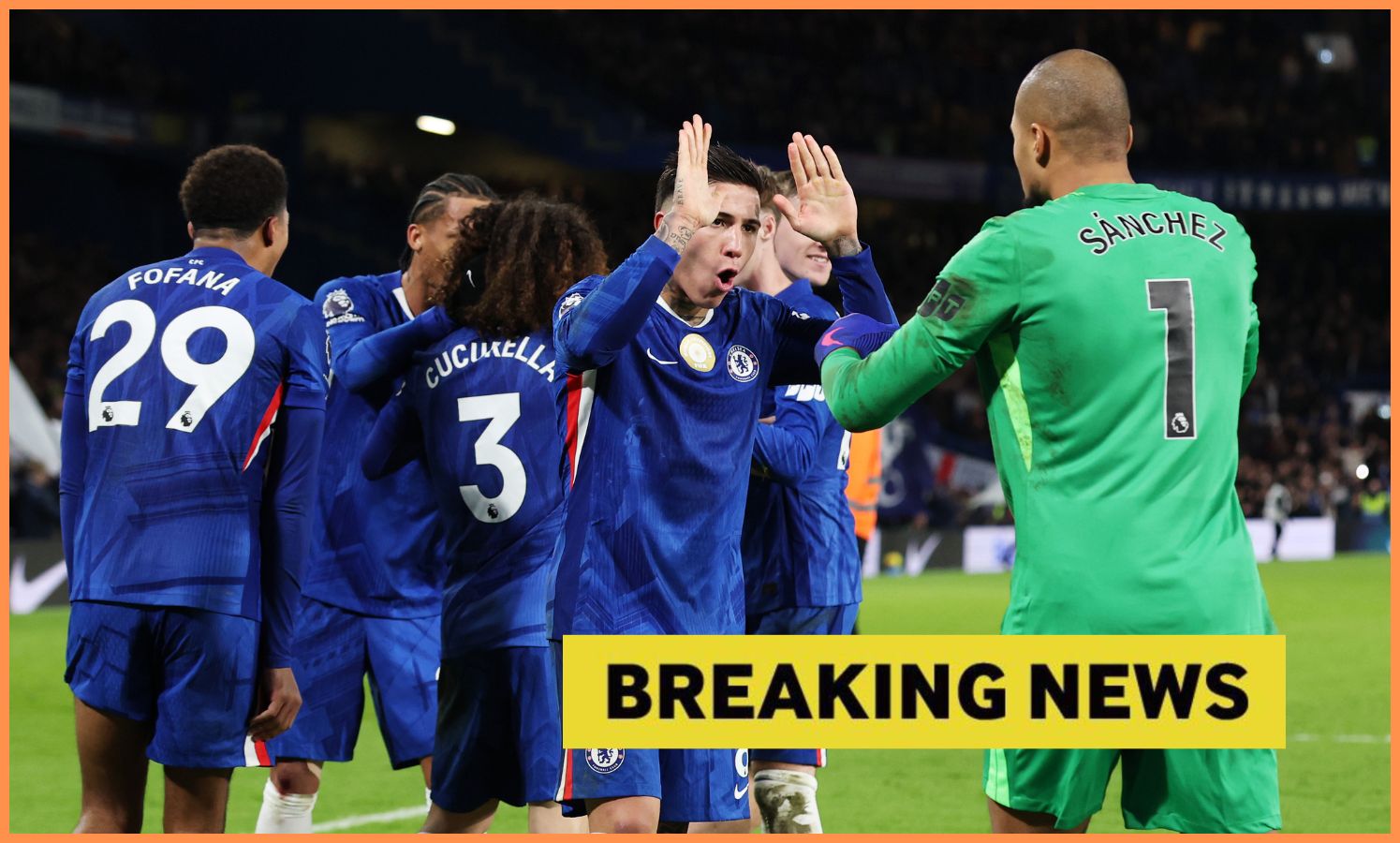 Enzo Fernandez celebrates with his Chelsea teammates