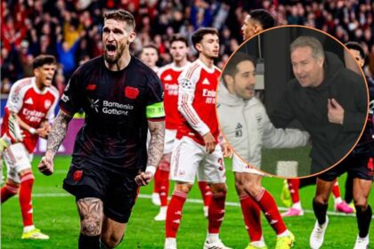 Robert Andrich celebrating goal with overlay of Bayer Leverkusen manager