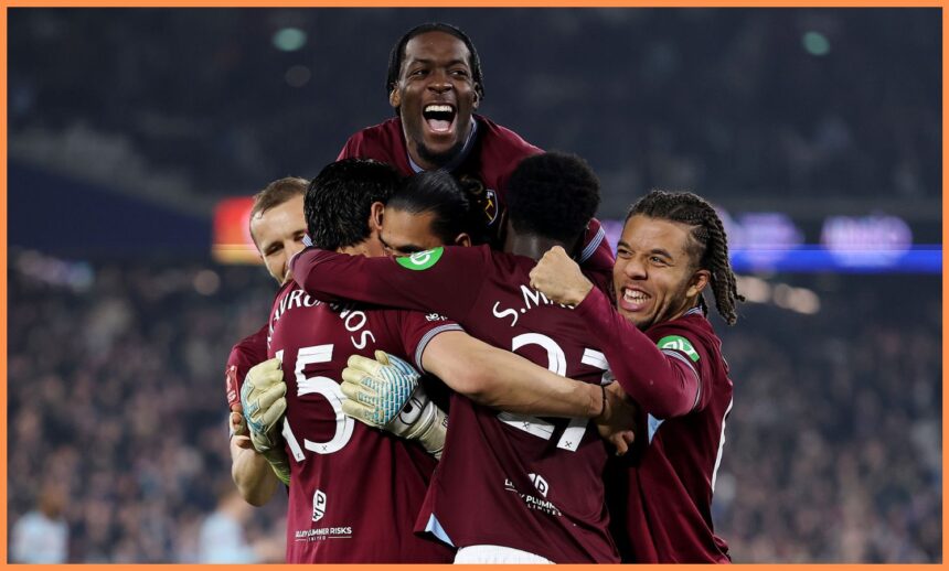 Axel Disasi celebrates with his West Ham teammates