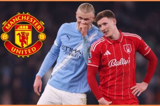 Elliot Anderson talking with Erling Haaland