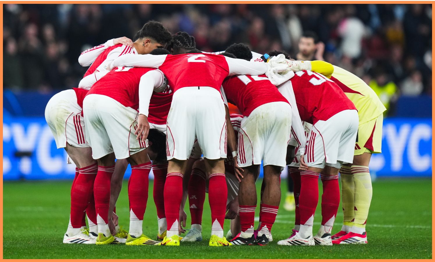 Arsenal players in a team huddle prior to the game against Bayer Leverkusen