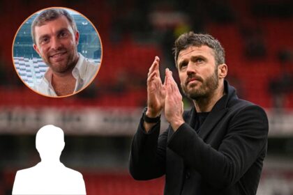 Michael Carrick applauds with overlay of Fabrizio Romano