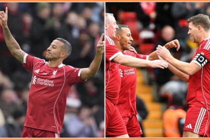 Split image of Thiago Alcantara and Steven Gerrard celebrating with Thiago