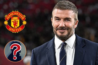 David Beckham with overlay of Man United badge and mystery player