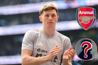 Elliot Anderson with overlay of Arsenal logo
