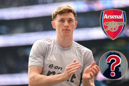 Elliot Anderson with overlay of Arsenal logo