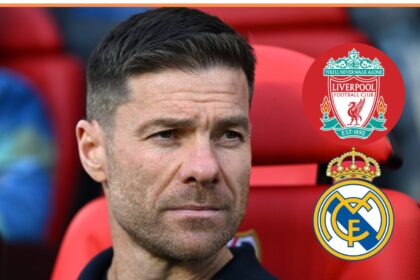 Xabi Alonso looks on, plus Liverpool and Real Madrid badges